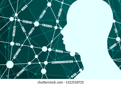 Tags cloud. Social media relative vector brochure, report or flyer design template. Scientific designs. Molecule And Communication Background. Connected lines with dots. Human head silhouette