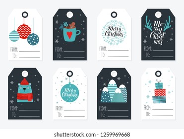 Tags collection with christmas stuff. Template for greeting, winter holiday cards, posters, banners and covers.
