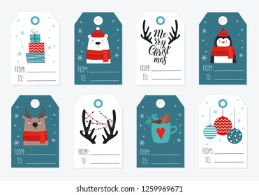 Tags collection with christmas stuff. Template for greeting, winter holiday cards, posters, banners and covers.