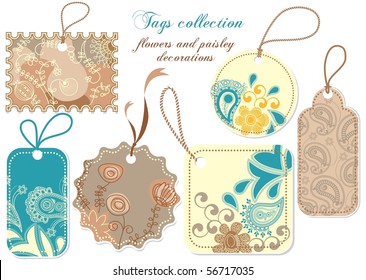 Tags collection; paisley and flowers decorations