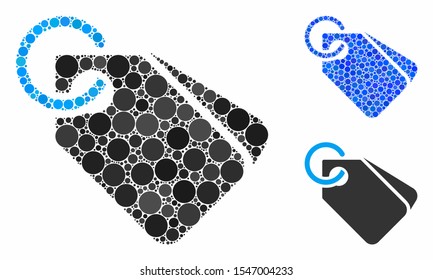 Tags composition of round dots in variable sizes and color tinges, based on tags icon. Vector round dots are combined into blue composition. Dotted tags icon in usual and blue versions.