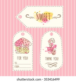 Tags with cookie illustration. Vector hand drawn labels set with watercolor splashes. Sweet vector ginger house. Colorful cookies design. Template label set.