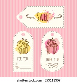 Tags with cupcake illustration. Vector hand drawn labels set with watercolor splashes. Sweet vector cupcakes with cream and berries. Template label set.