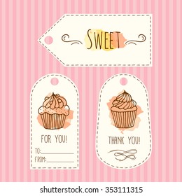 Tags with cupcake illustration. Vector hand drawn labels set with watercolor splashes. Sweet vector cupcakes with cream and berries. Template label set.