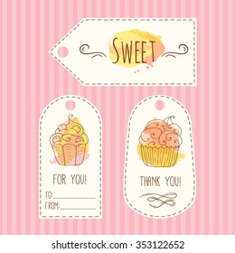 Tags with cupcake illustration. Vector hand drawn labels set with watercolor splashes. Sweet vector cupcakes with cream and berries. Template lablel set.
