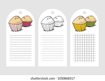 Tags with cupcakes in hand drawn style. Vector illustration