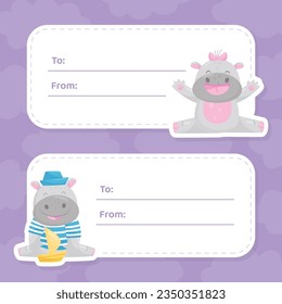 Tags with Cute Hippo Character Sitting and Smiling Vector Template