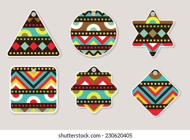 Tags design with geometric pattern set. Abstract bright pattern for tag or stickers. Collection of printable designs for badges, labels or Christmas-tree decorations. Vector file is EPS8.