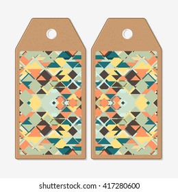 Tags design on both sides, cardboard sale labels. Colored vector background.