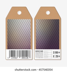 Tags design on both sides, cardboard sale labels with barcode. Polygonal design, geometric triangular backgrounds.