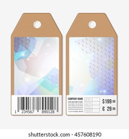 Tags design on both sides, cardboard sale labels with barcode. Polygonal design vector, geometric hexagonal backgrounds.