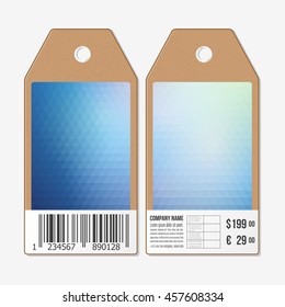 Tags design on both sides, cardboard sale labels with barcode. Polygonal design, geometric triangular backgrounds.