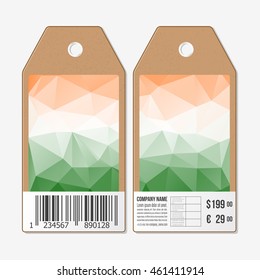 Tags design on both sides, cardboard sale labels with barcode. Background for Happy Indian Independence Day celebration with national flag colors, vector illustration.