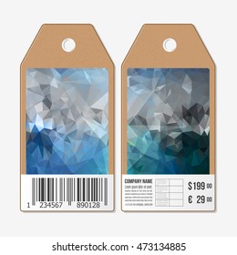 Tags design on both sides, cardboard sale labels with barcode. Abstract blue polygonal background, colorful backdrop, modern stylish vector texture