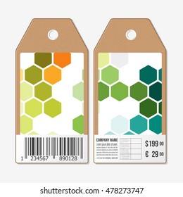 Tags design on both sides, cardboard sale labels with barcode. Abstract colorful business background, modern stylish hexagonal vector texture