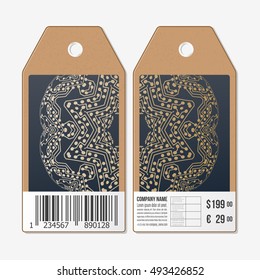 Tags design on both sides, cardboard sale labels with barcode. Golden microchip pattern, abstract template, connecting dots and lines, connection structure. Digital scientific vector background