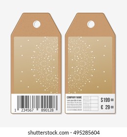 Tags design on both sides, cardboard sale labels with barcode. Abstract polygonal low poly backdrop, connecting dots and lines, golden background, connection structure. Digital or science vector