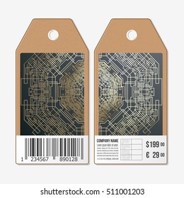 Tags design on both sides, cardboard sale labels with barcode. Golden technology pattern, dark background, connecting lines and dots, connection structure. Digital scientific vector