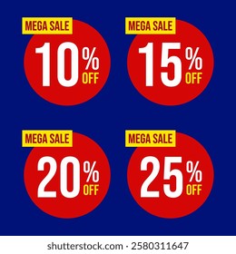 Tags for discounts 10%, 15%, 20%, 25% discount - background with offer tags of ten, fifteen, twenty and twenty-five percent discount. Yellow, circle. Special offer for a limited time.