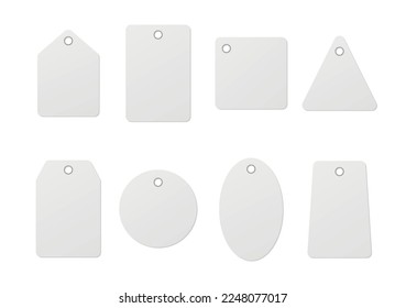 Tags with eyelets paper label cardboard blank shopping price different shape set realistic vector illustration. Retail marketing merchandise tool for hanging buying coupon rope attaching emblem