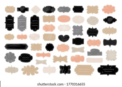 Tags frames shapes label set. Beautiful tender pastel color collections. Brush stroke paint craft elements, strips, curves, waves, hearts, drops textured background. Hand drawn vector illustration