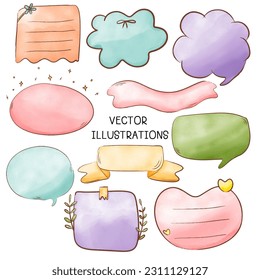 Tags frames shapes label set. Beautiful tender pastel color collections. Paint craft elements, strips, curves, waves, hearts. Hand drawn vector illustration.