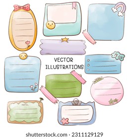 Tags frames shapes label set. Beautiful tender pastel color collections. Paint craft elements, strips, curves, waves, hearts. Hand drawn vector illustration.