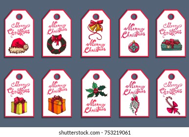 tags for gifts set of vector illustrations , hand drawings , Christmas elements