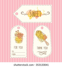 Tags with ice cream illustration. Vector hand drawn labels with watercolor splashes. Sweet vector dessert with cream and berries. Template label set.