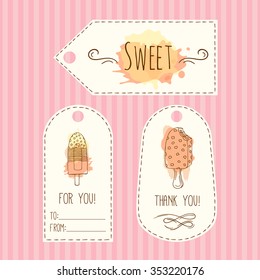 Tags with ice cream illustration. Vector hand drawn labels with watercolor splashes. Sweet vector dessert with cream and berries. Template label set.