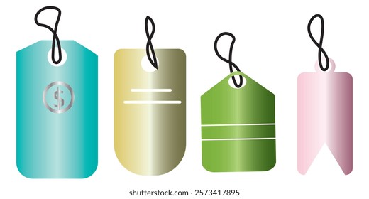 Tags icon labels.Blank price label,hanging paper badges on string.Vintage stickers for info or sale,Price mark template. Store cards exact vector set. Variety colorful Design. Gift and Dress tag icon.