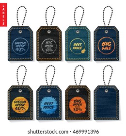 Tags items set. Jeans lables. Denim texture. Sale banners. Vector