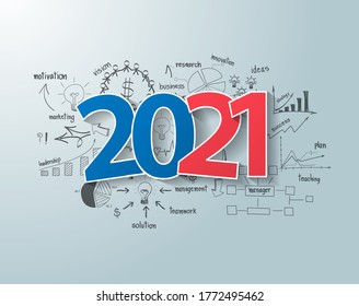 Tags label 2021 new year text design, Creative thinking drawing charts and graphs business success strategy plan ideas, Inspiration concept modern template layout, diagram, Vector illustration