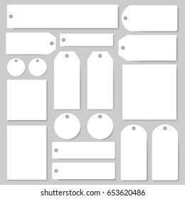 Tags and labels blank vector templates set. Isolated paper price tags with empty copy spaces for shop or product sale discount shopping elements in round circle and square shape with holes