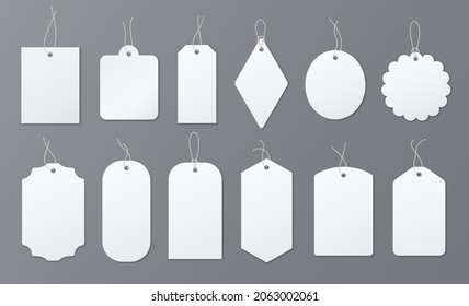 Tags labels. Blank white price label, hanging paper badges on string. Vintage stickers for info or sale, luggage mark template. Store cards exact vector set