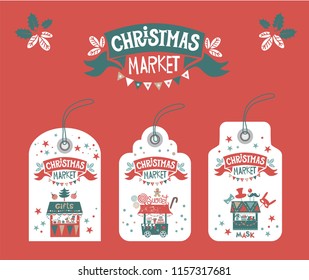 Tags, labels for Christmas market, fair, festival with festive Christmas decor and lettering Christmas market. Mask, fir branches, cookie man, confetti, sock for gift, food trucks.