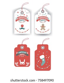 Tags, labels for Christmas market, fair, festival with festive Christmas decor and lettering Christmas market. Mask, fir branches, people, cookie man, confetti, sock for gift, nose and moustache.