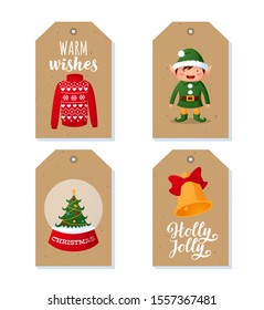 Tags and labels collection with hand drawn colorful characters and lettering for Christmas holidays gift and present giveaways. Can be used for packaging.