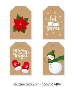 Tags and labels collection with hand drawn lettering and colorful characters for Christmas holidays gift and present giveaways. Can be used for packaging.
