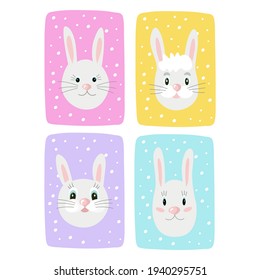 Tags and labels, cute spring bunny faces. Design for children, postcards, printing on paper or fabric. Vector illustration isolated on a white background.