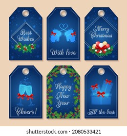 Tags labels for gift boxes with rhombus frame, mittens, silver elements, red bow, holly flower on blue background.