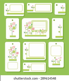 Tags, labels, green, pink leaves on white background, ecology, nature.  Colored, flat tags, labels, depicting green and pink leaves and stems on a white background. On the topic of ecology.