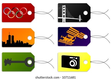 Tags + Labels with photo, ISS, Spacestation, New York, Key, Bridge, Olymic Games Logo.