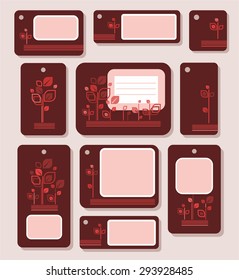 Tags, labels, and red leaves on a Burgundy background, ecology, nature. Tags, labels with red and pink shoots and leaves on a Burgundy background. Different sizes. Natural motif, modern design. 