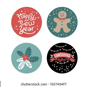 Tags, labels or stickers design for Christmas party and Happy New Year with festive Christmas decor and lettering Happy New Year. Garlands, cookie man, confetti. Vector illustration