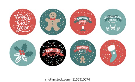Tags, labels or stickers design with festive decor and lettering Happy New Year, Christmas market. Mask, fir branches, cookie man, sock for gift, moustache, Christmas Mistletoe. Vector illustration