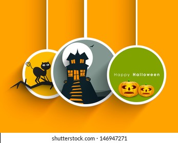 Tags, labels or stickers with haunted house and scary pumpkins for Halloween party background.