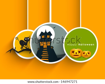 Tags, labels or stickers with haunted house and scary pumpkins for Halloween party background.
