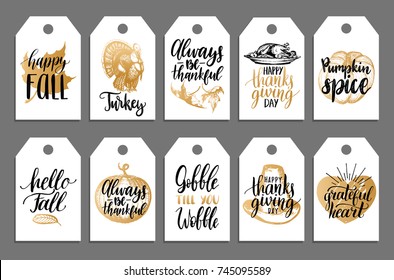 Tags with lettering and illustrations for Thanksgiving Day. Vector drawn and  handwritten labels of Gobble Till You Wobble, Happy Fall etc.