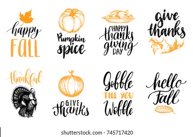 Tags with lettering and illustrations for Thanksgiving Day. Vector drawn and  handwritten labels of Give Thanks, Pumpkin Spice etc.